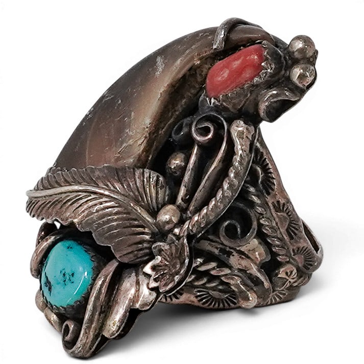 Vintage Navajo Sterling Silver Turquoise Coral & Bear Claw Ring (1 of 7)