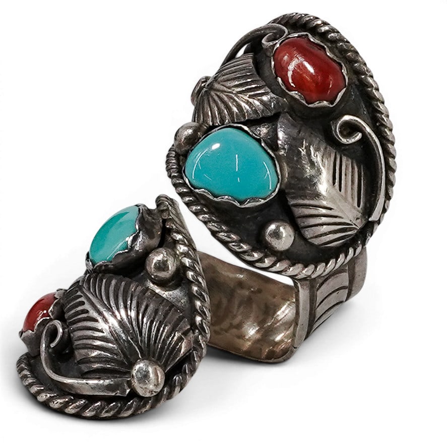 Vintage Navajo Sterling Silver Turquoise & Coral Bypass Ring: Vintage Navajo Sterling Silver Turquoise & Coral Bypass Ring 1970-1980s, USA Vintage Navajo sterling silver bypass ring featuring two turquoise cabochons and two coral cabochons in serrated bezel sett