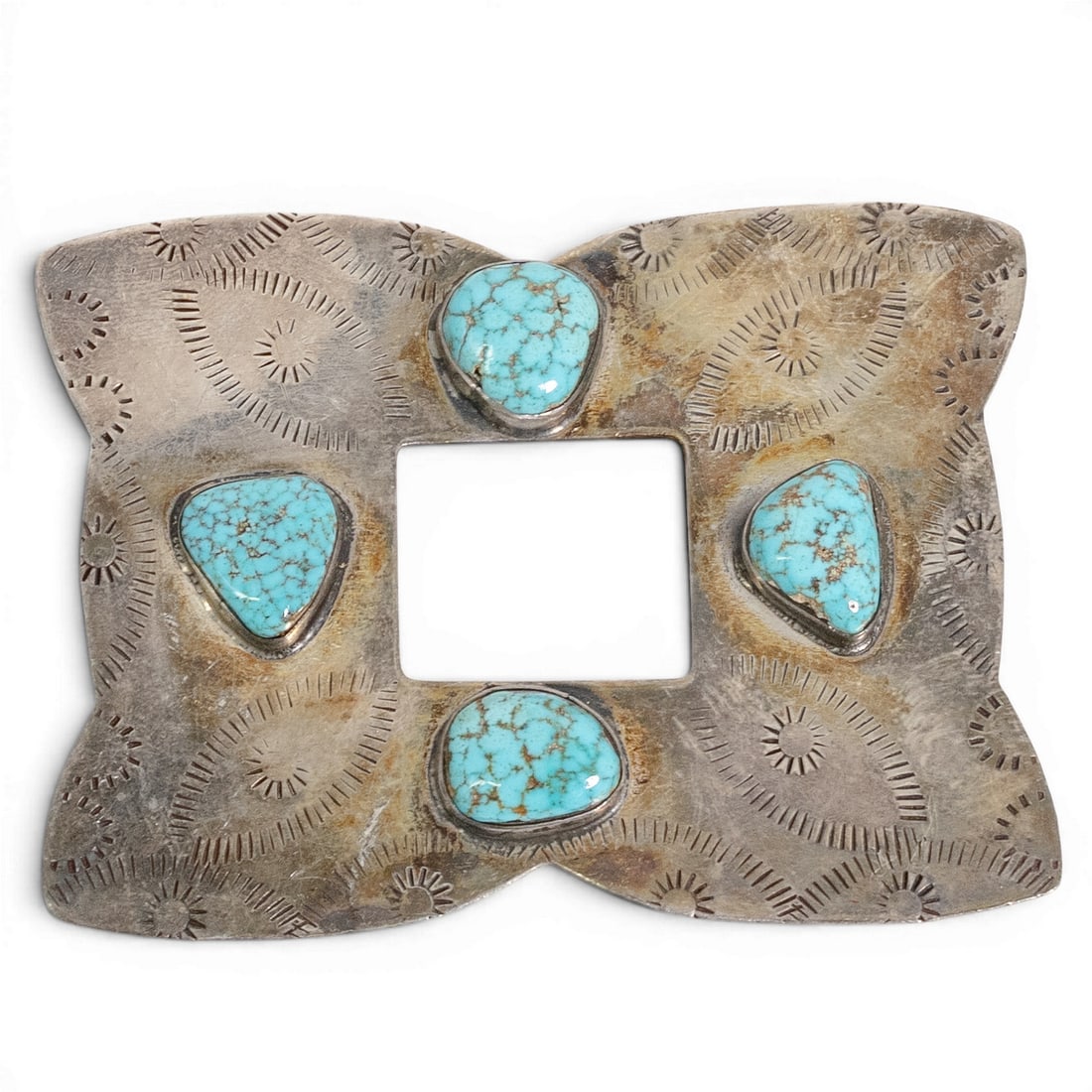 Vintage Navajo Sterling Silver & Turquoise Stamped Belt Buckle (1 of 3)