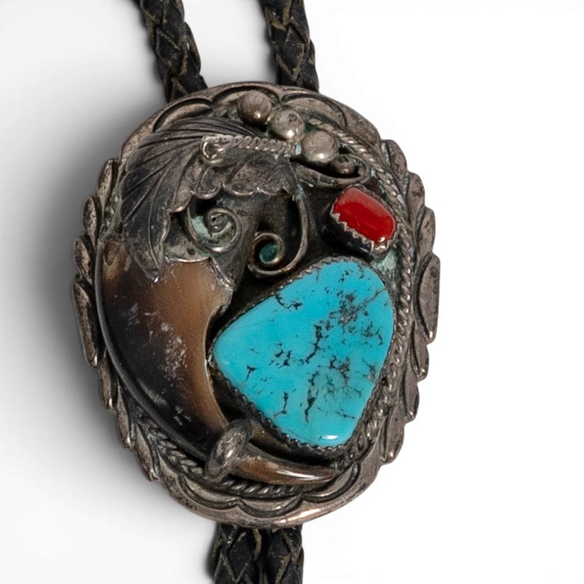 Vintage Navajo Sterling Silver Turquoise Coral & Bear Claw Bolo Tie: Vintage Navajo Sterling Silver Turquoise Coral & Bear Claw Bolo Tie 1970-1980s, USA Vintage Navajo sterling silver bolo tie featuring a substantial turquoise nugget, natural coral cabochon, and polish