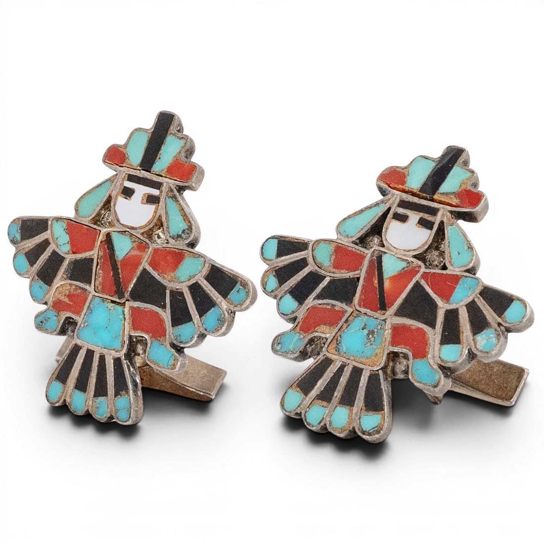 Vintage Frank Vacit Zuni Sterling Silver & Multi-Stone Inlay Cufflinks: Vintage Frank Vacit Zuni Sterling Silver & Multi-Stone Inlay Cufflinks 1950-1960s, USA Vintage Frank Vacit Zuni sterling silver cufflinks designed as figural dancers, set with turquoise, coral, mother