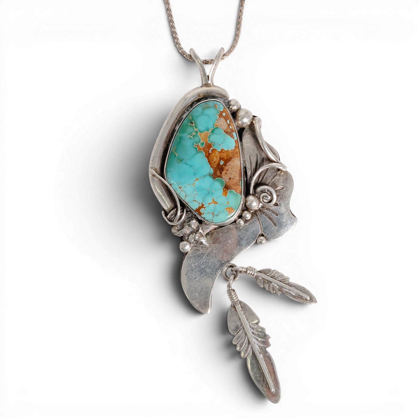 Vintage Edison Piaso Navajo Sterling Silver & Turquoise Pendant Necklace: Vintage Edison Piaso Navajo Sterling Silver & Turquoise Pendant Necklace 1970-1980s, USA Vintage Navajo sterling silver pendant necklace by Edison Piaso, set with a large turquoise matrix cabochon in 