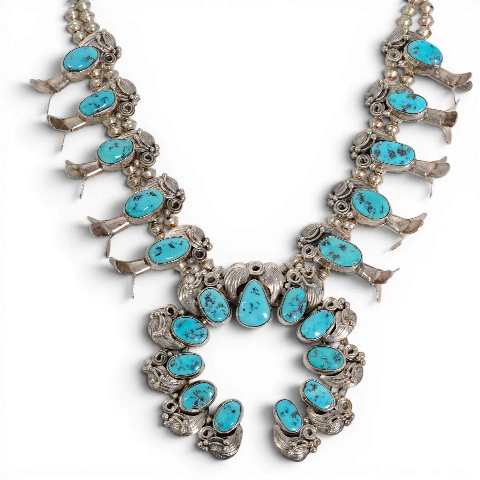 Vintage Navajo Sterling Silver Turquoise Squash Blossom Necklace (1 of 4)