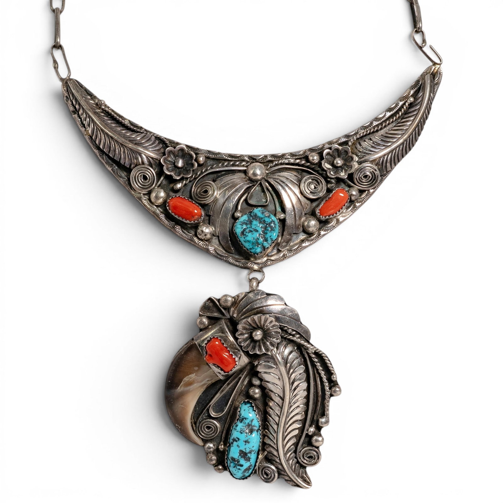 Vintage Navajo Sterling Silver Turquoise Coral & Agate Pendant Necklace Signed (1 of 4)