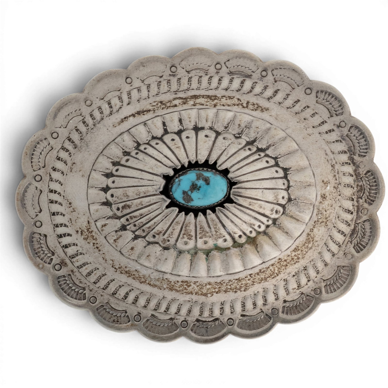 Vintage Navajo Sterling Silver & Turquoise Concho Belt Buckle: Vintage Navajo Sterling Silver & Turquoise Concho Belt Buckle 1970-1980s, USA Vintage Navajo sterling silver belt buckle in oversized concho form with scalloped edges and a central natural turquoise c