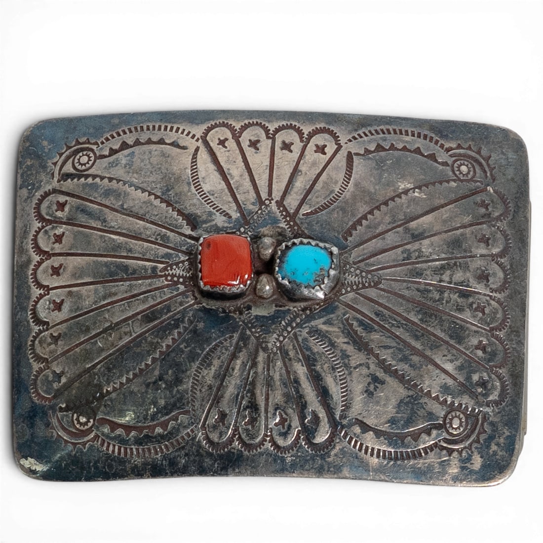 Vintage Navajo Sterling Silver Turquoise & Coral Belt Buckle: Vintage Navajo Sterling Silver Turquoise & Coral Belt Buckle 1970-1980s, USA Vintage Navajo sterling silver belt buckle featuring traditional hand-stamped decoration centered by bezel-set turquoise an
