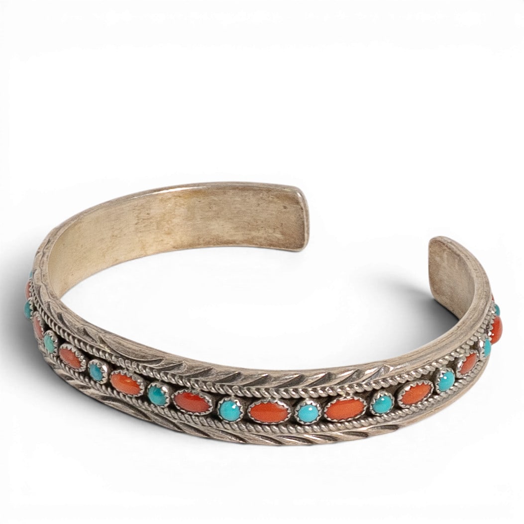 Vintage Norbert Johnson Navajo Sterling Silver Coral & Turquoise Cuff Bracelet: Vintage Norbert Johnson Navajo Sterling Silver Coral & Turquoise Cuff Bracelet 1970-1980s, USA Vintage Norbert Johnson sterling silver cuff bracelet featuring a continuous row of alternating coral and