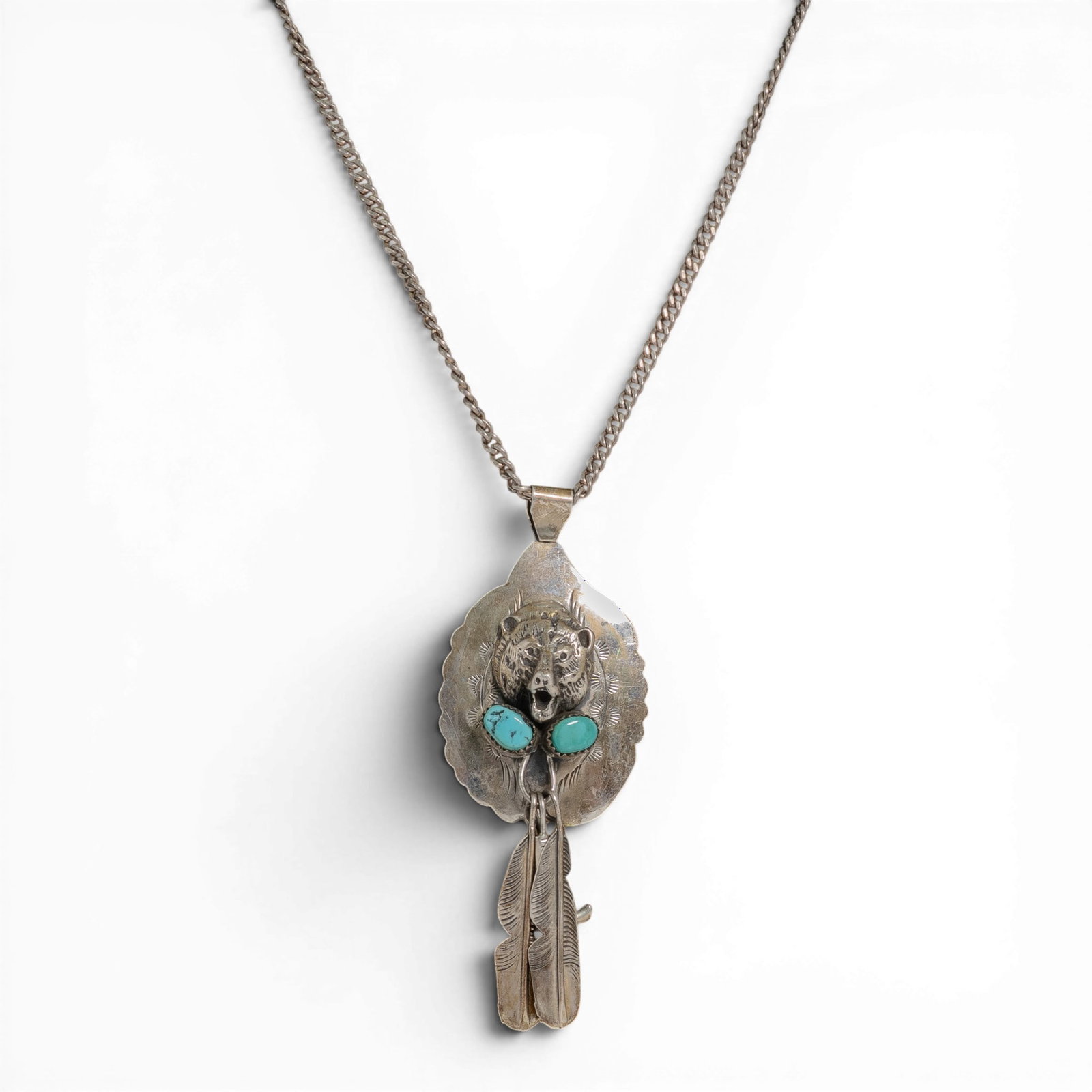 Vintage Navajo Sterling Silver & Turquoise Bear Pendant Necklace (1 of 3)
