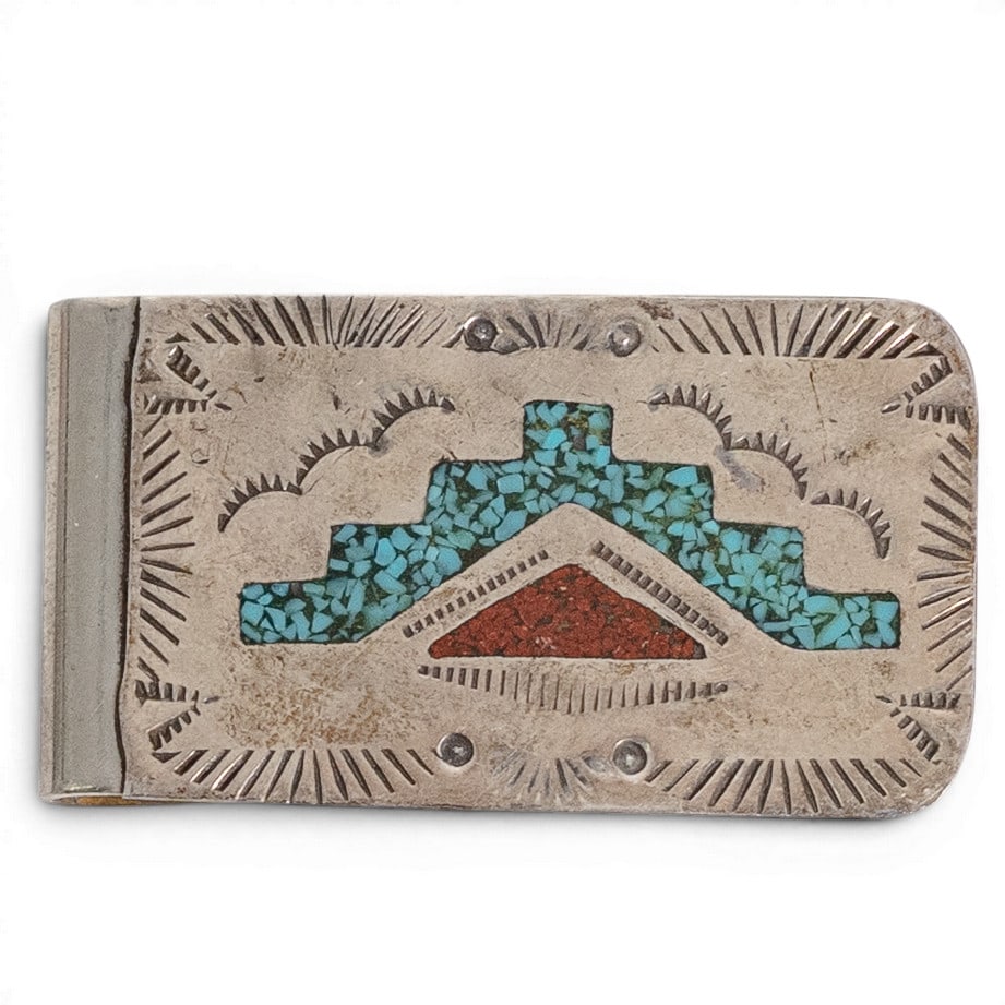 Vintage Thomas A. Begay Navajo Sterling Silver Coral & Turquoise Money Clip: Vintage Thomas A. Begay Navajo Sterling Silver Coral & Turquoise Money Clip 1970-1980s, USA Vintage Navajo sterling silver money clip by Thomas A. Begay, decorated with turquoise and coral chip inlay 