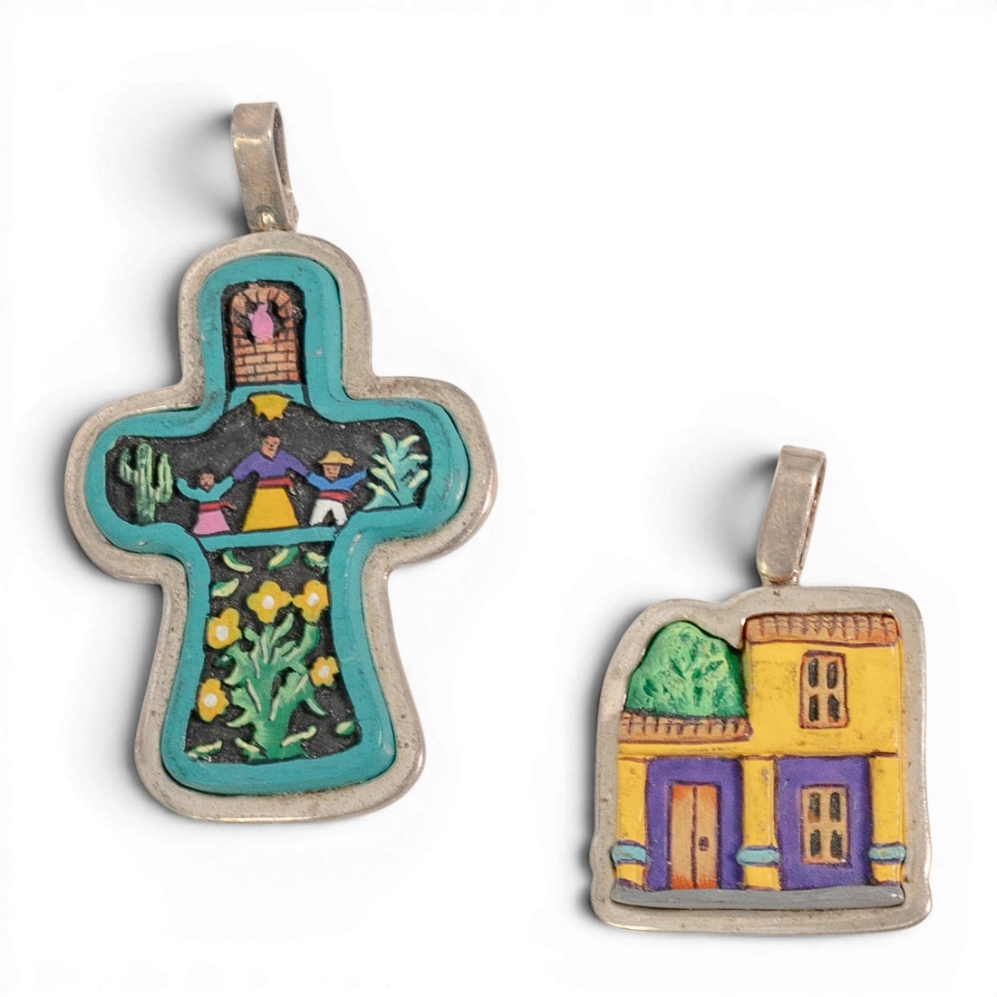 (2 Pcs) Vintage Toztli Mexican Sterling Silver Diorama Pendants (1 of 5)