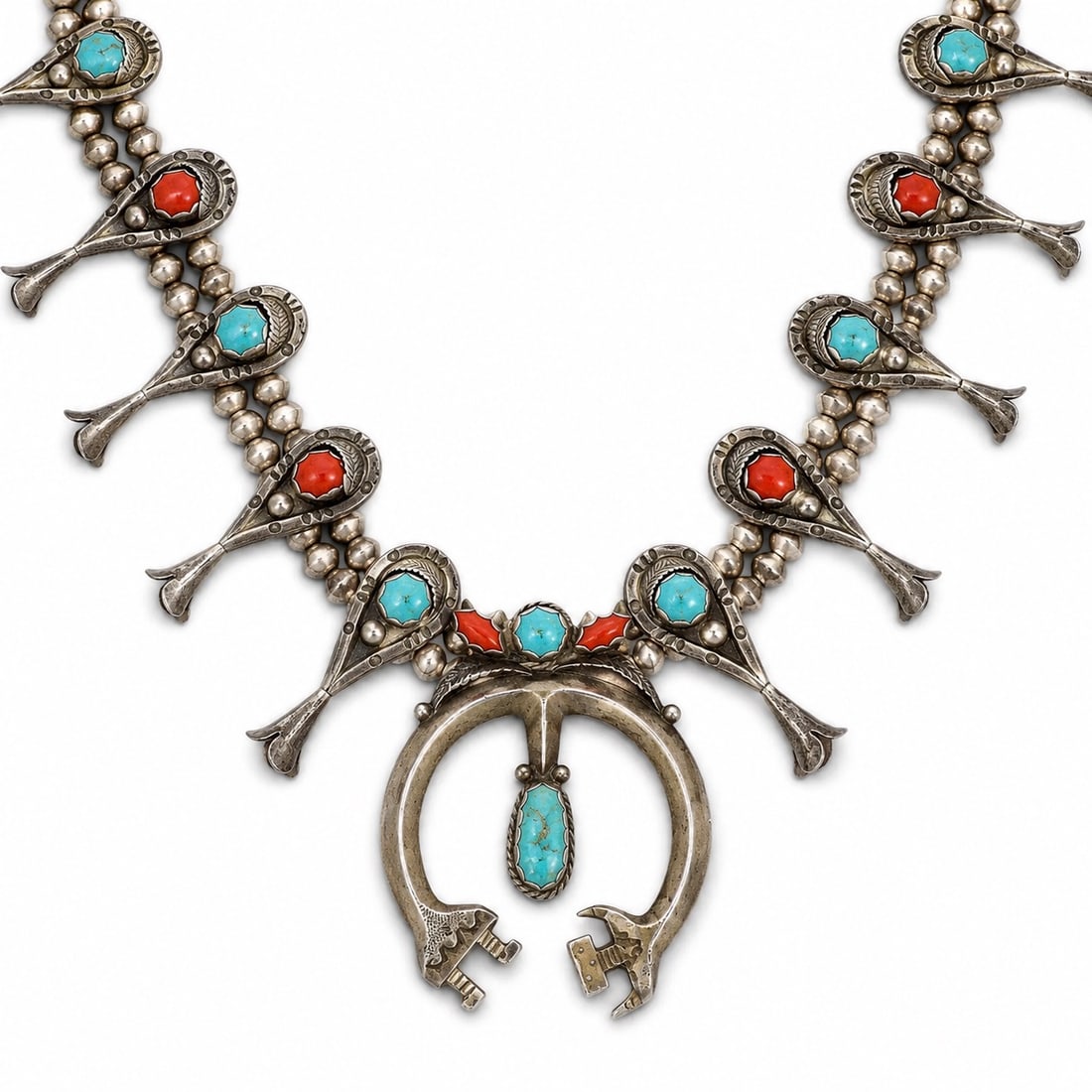 Vintage Navajo Sterling Silver Turquoise & Coral Squash Blossom Necklace (1 of 5)