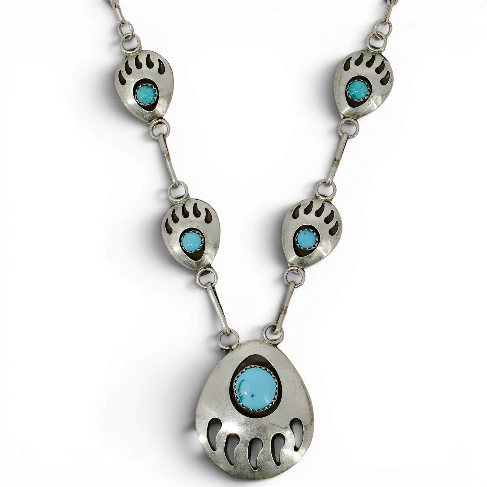 Vintage Navajo Sterling Silver & Turquoise Bear Paw Necklace (1 of 11)