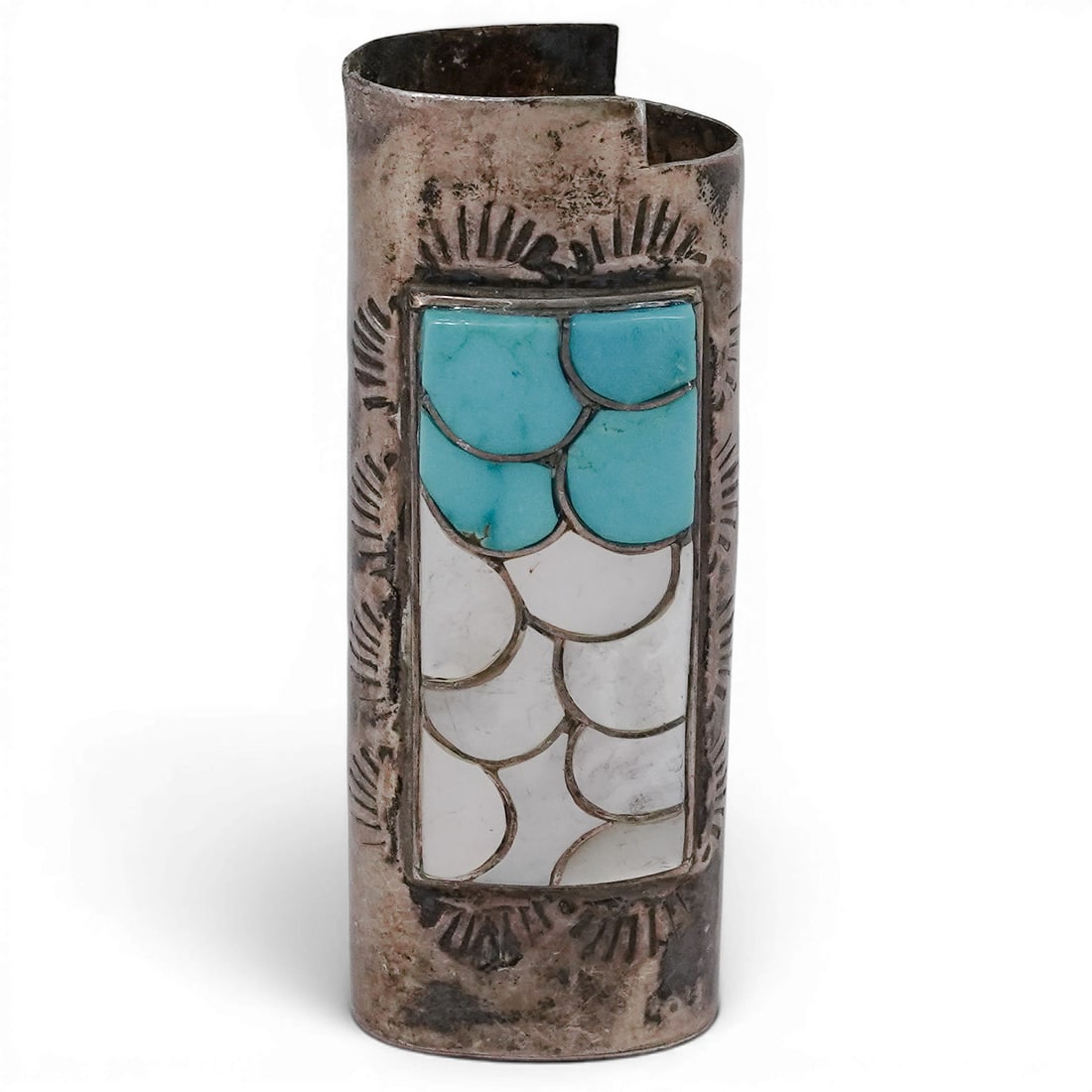 Vintage Navajo Sterling Silver Turquoise & MOP Inlay Lighter Cover: Vintage Navajo Sterling Silver Turquoise & MOP Inlay Lighter Cover 1970s-1980s, USA Vintage Navajo sterling silver lighter cover featuring channel inlay turquoise and mother of pearl in a scalloped mo