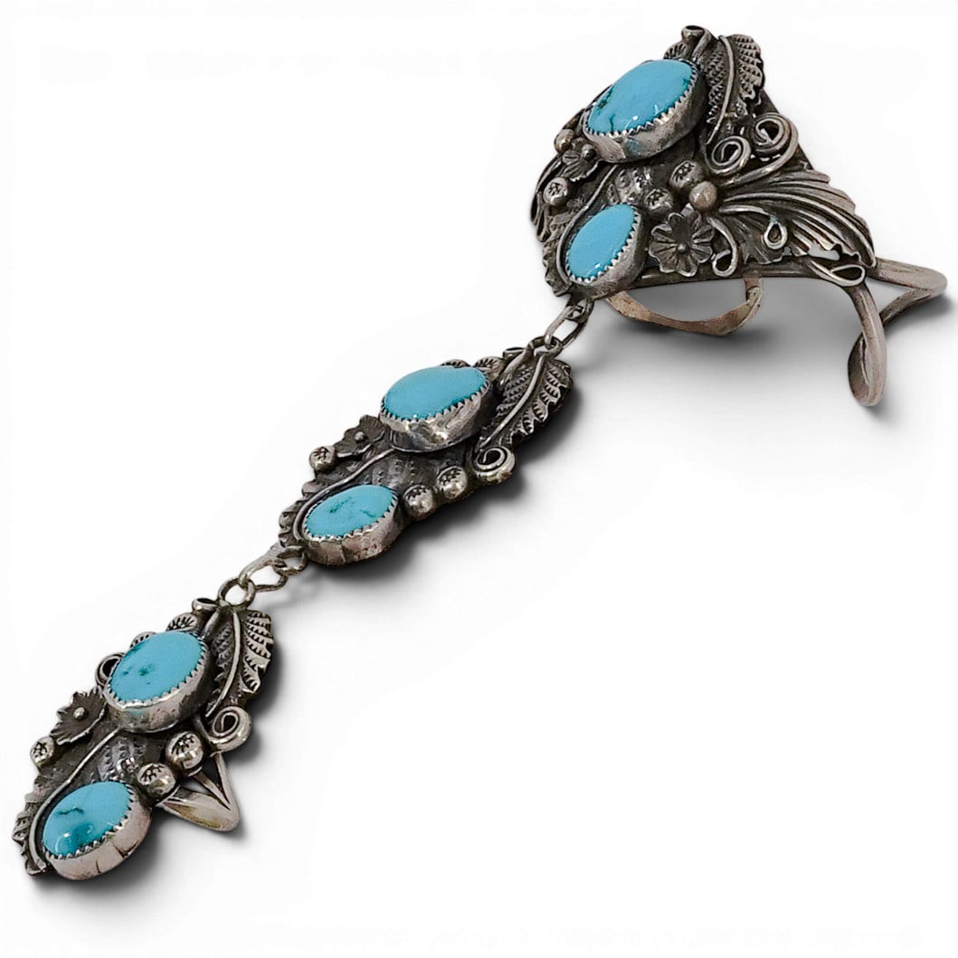 Vintage Navajo Harry B. Yazzie Sterling Silver & Turquoise Slave Bracelet Ring (1 of 6)