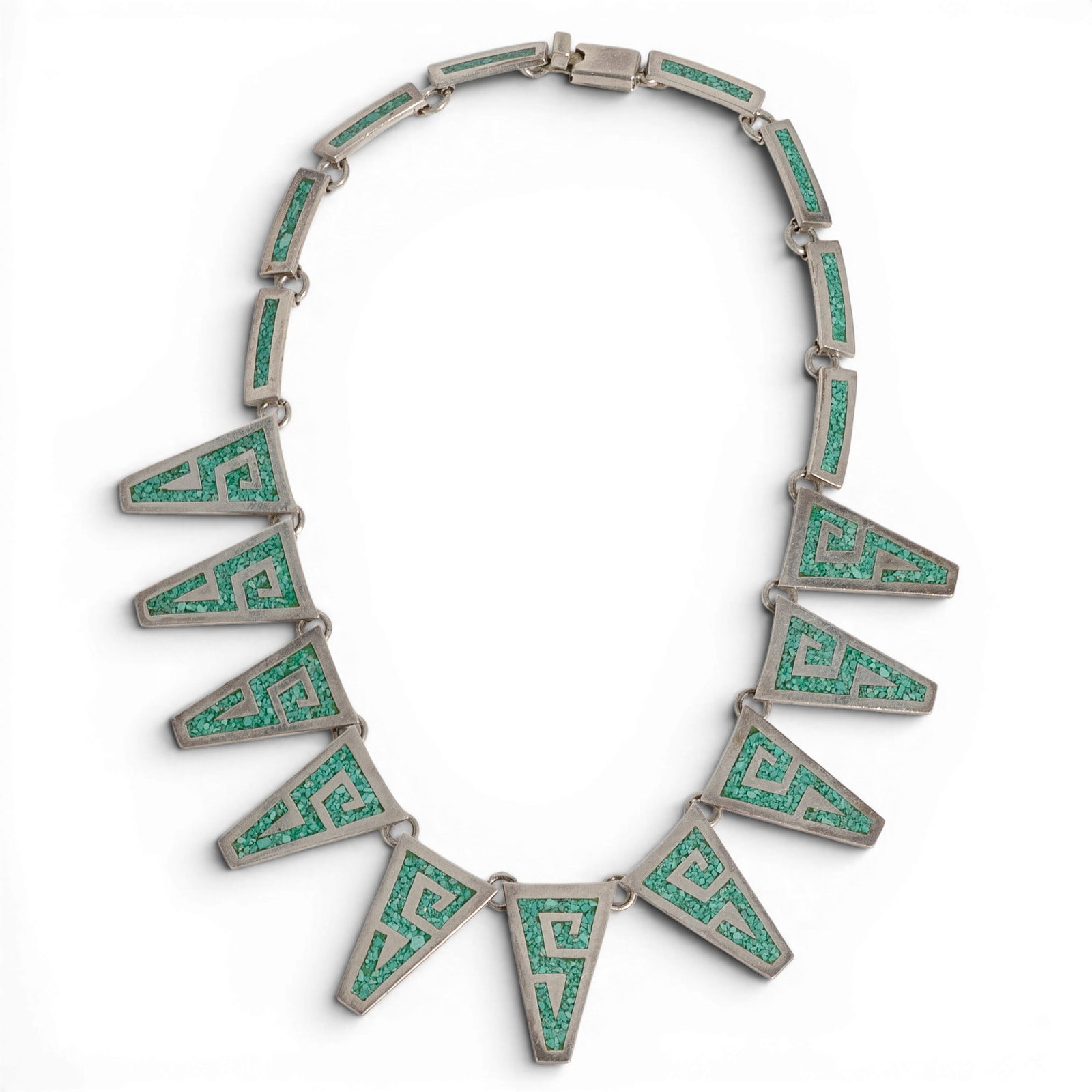 Vintage Mexican Sterling Silver & Malachite Inlay Necklace: Vintage Mexican Sterling Silver & Malachite Inlay Necklace 1970-1980s, USA Vintage Mexican sterling silver necklace composed of articulated geometric panels inlaid with crushed malachite mosaic. Marke