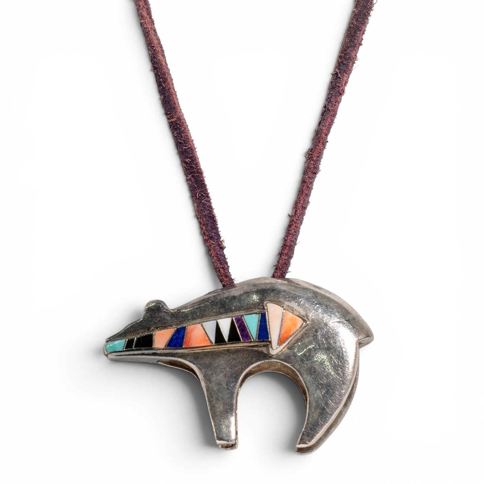 Vintage Navajo Sterling Silver & Multi-Stone Bear Motif Pendant Signed (1 of 5)
