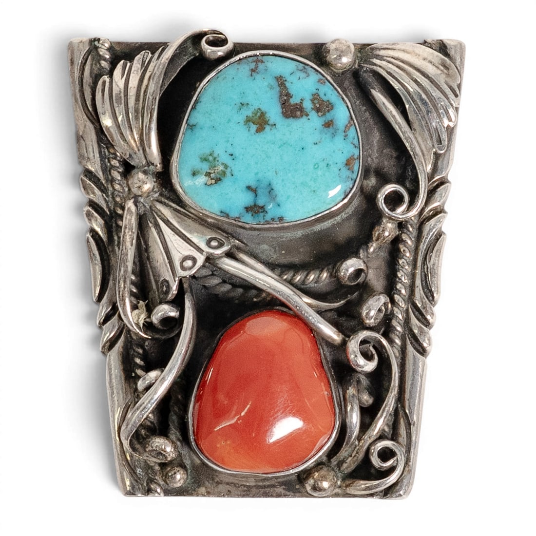 Vintage Shube's Sterling Silver Turquoise & Coral Bolo Tie: Vintage Shube's Sterling Silver Turquoise & Coral Bolo Tie 1970-1980s, USA Vintage Shube's sterling silver bolo tie featuring a large turquoise cabochon and natural coral cabochon in bezel settings. T