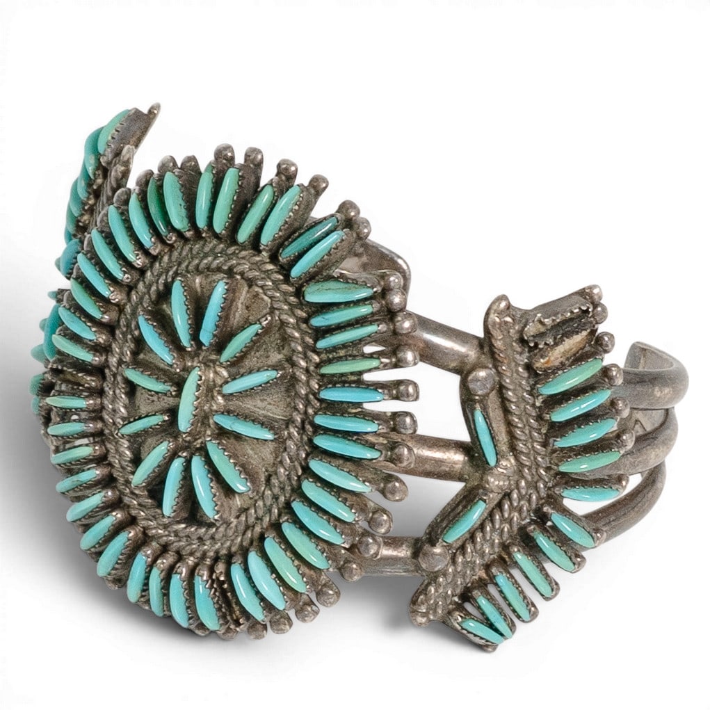 Vintage J. Shirley Bellson Zuni Sterling Silver & Needlepoint Turquoise Cluster Cuff Bracelet (1 of 5)