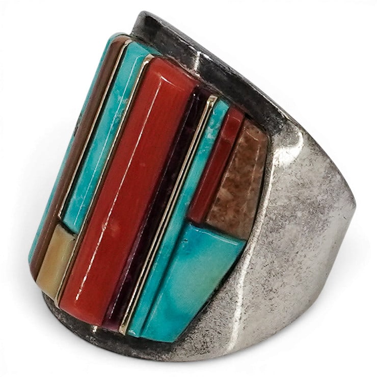 Vintage Hanson “Moogie?? Smith Navajo Sterling Silver 14K & Multi-Stone Inlay Ring (1 of 7)