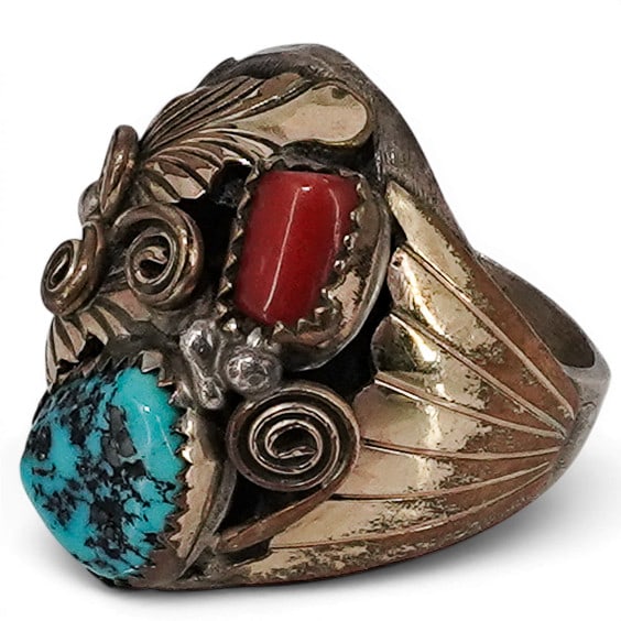 Vintage Running Bear Trading Co. Sterling Silver Turquoise & Coral Ring: Vintage Running Bear Trading Co. Sterling Silver Turquoise & Coral Ring 1970-1980s, USA Vintage Southwestern sterling silver and plated brass ring by Running Bear Trading Co., featuring a turquoise ma