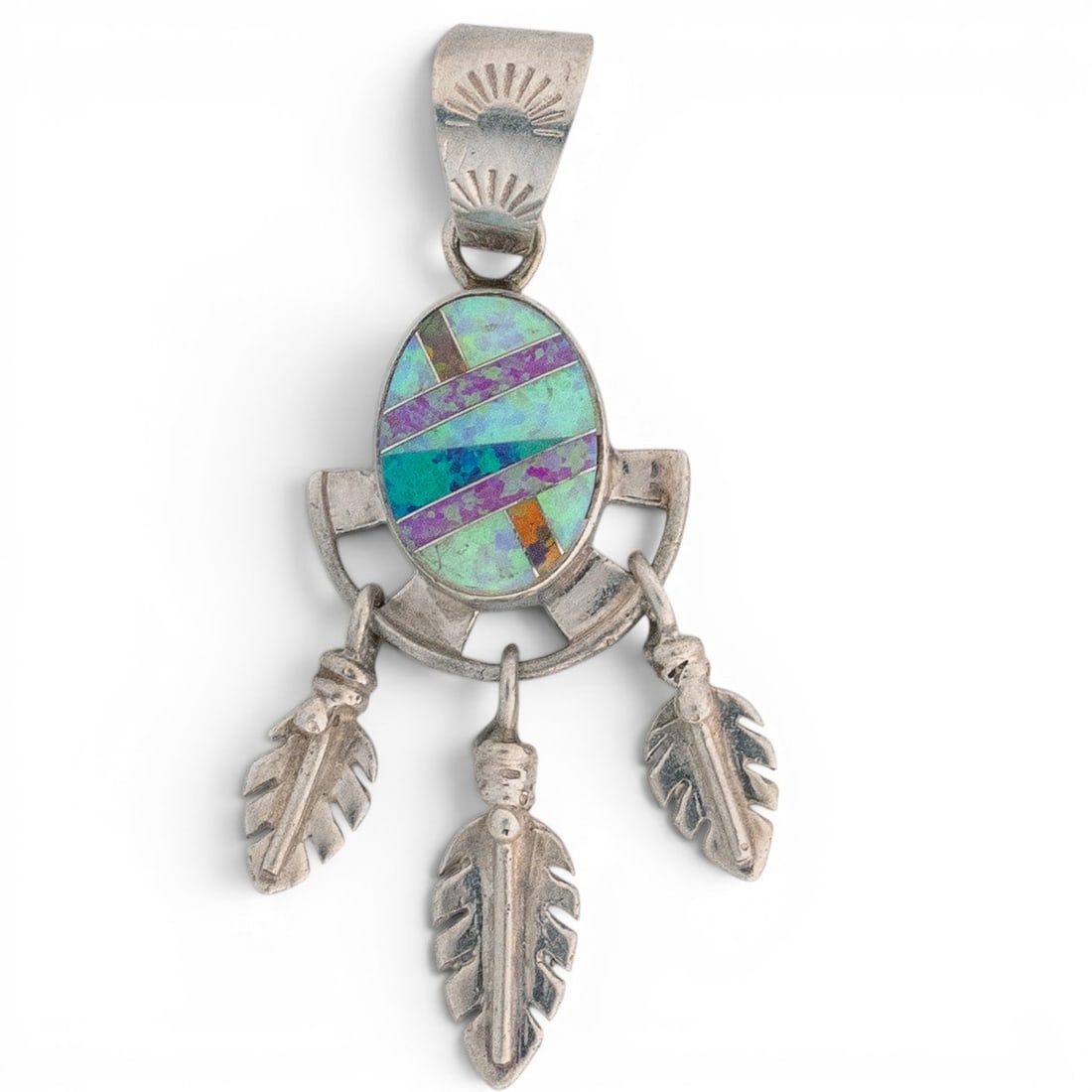 Vintage Calvin Peterson Navajo Sterling Silver & Opal Inlay Dreamcatcher Pendant (1 of 2)