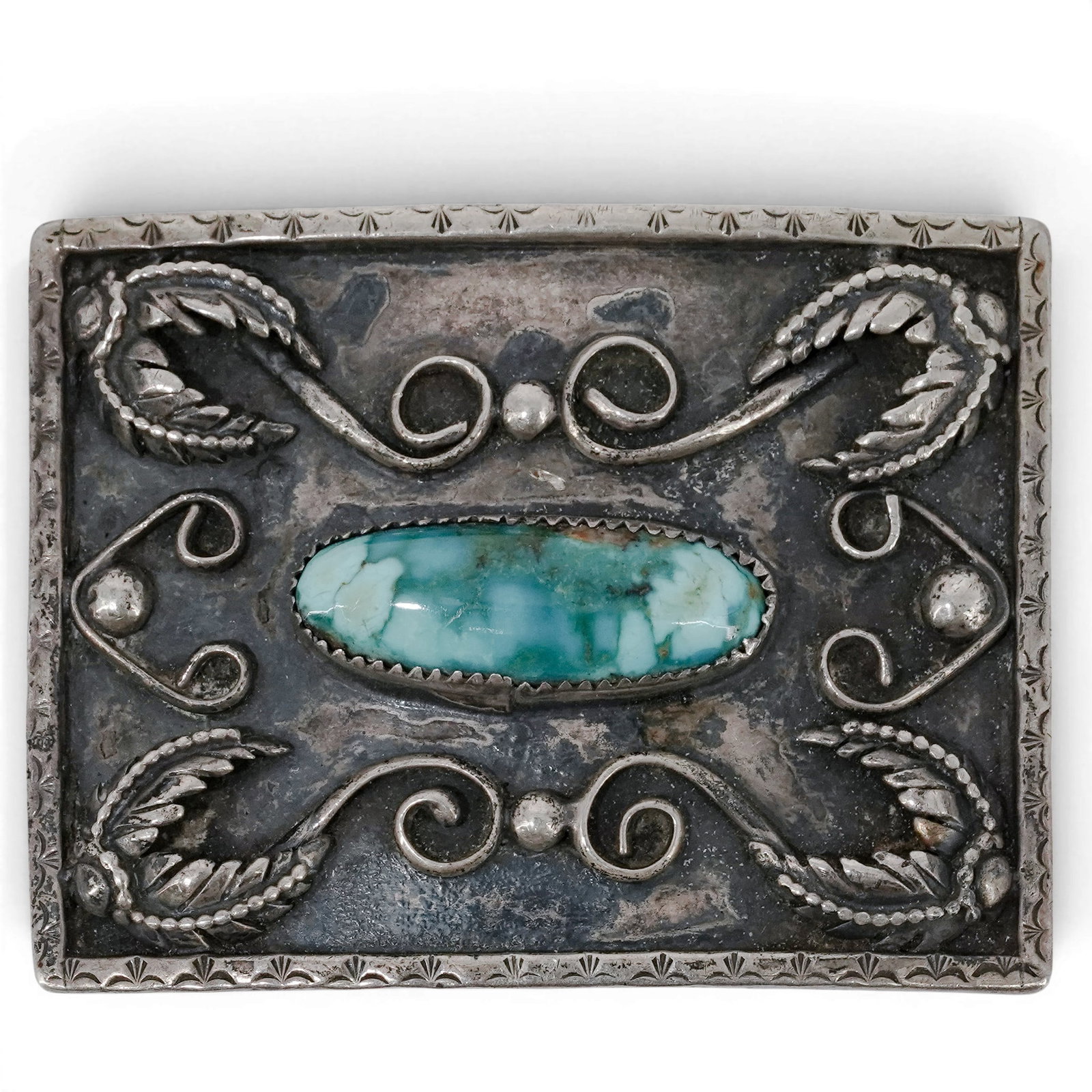 Vintage Navajo Sterling Silver & Turquoise Belt Buckle Signed: Vintage Navajo Sterling Silver & Turquoise Belt Buckle Signed 1970-1980s, USA Vintage Navajo sterling silver belt buckle with a rectangular hand-fabricated form centered by an elongated natural turquo
