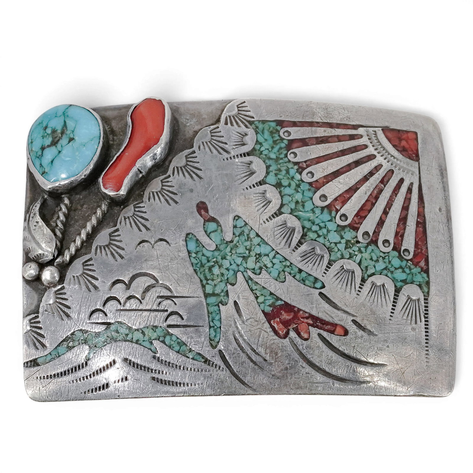 Vintage Zuni Sterling Silver Turquoise & Coral Inlay Belt Buckle Signed: Vintage Zuni Sterling Silver Turquoise & Coral Inlay Belt Buckle Signed 1970-1980s, USA Vintage Zuni sterling silver belt buckle featuring intricate turquoise and coral chip inlay forming stylized lan