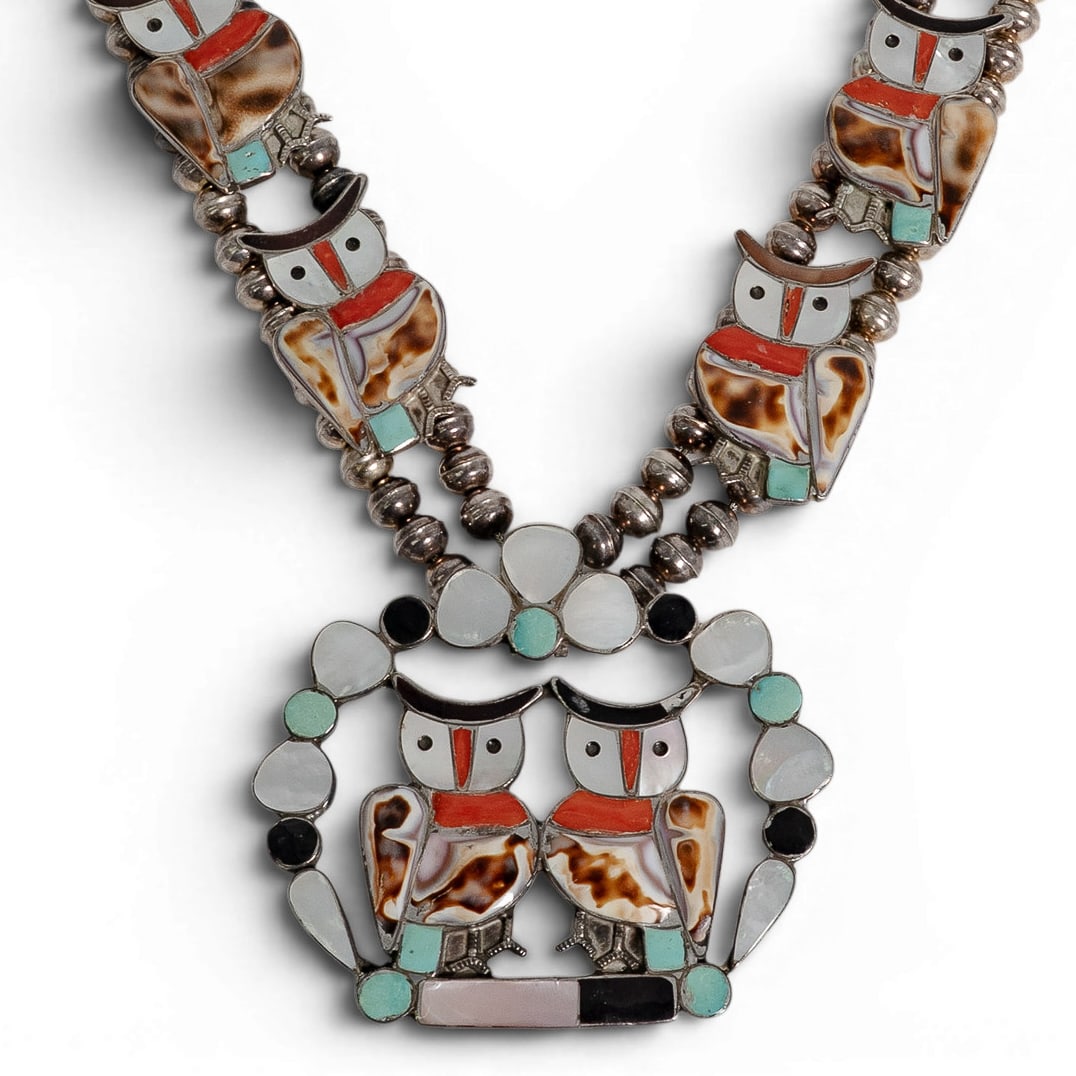Vintage Zuni Velma & Blake Lesansee Sterling Silver & Multi-Stone Owl Squash Blossom Necklace: Vintage Zuni Velma & Blake Lesansee Sterling Silver & Multi-Stone Owl Squash Blossom Necklace 1970-1980s, USA Vintage Zuni sterling silver squash blossom necklace by Velma and Blake Lesansee, featurin