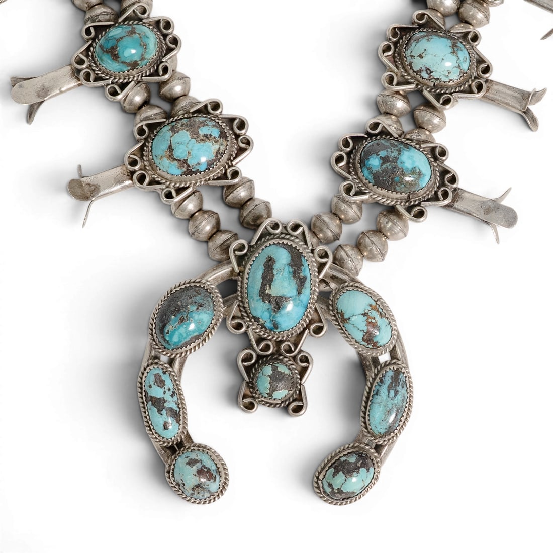 Vintage Navajo Sterling Silver & Turquoise Squash Blossom Necklace (1 of 5)