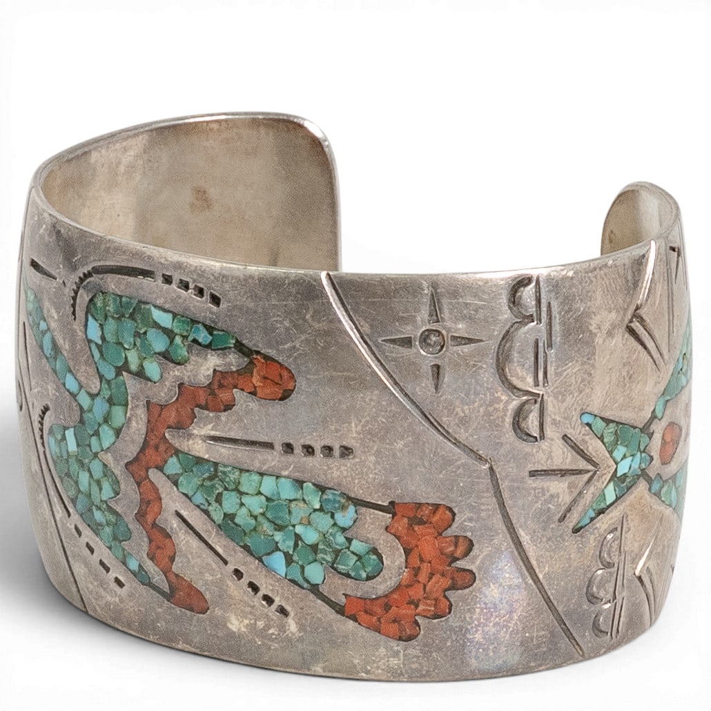 Vintage Navajo Sterling Silver Turquoise & Coral Chip Inlay Cuff Bracelet: Vintage Navajo Sterling Silver Turquoise & Coral Chip Inlay Cuff Bracelet 1970-1980s, USA Vintage sterling silver cuff bracelet featuring vibrant turquoise and red coral chip inlay decorated on multip