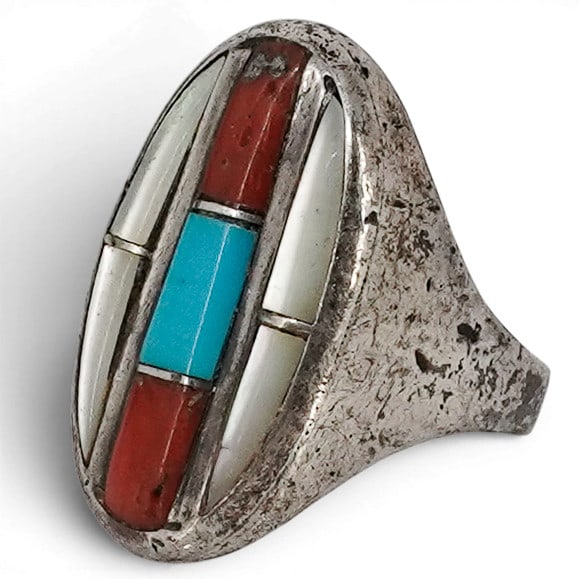 Vintage Navajo Sterling Silver Turquoise Coral & MOP Inlay Ring: Vintage Navajo Sterling Silver Turquoise Coral & MOP Inlay Ring 1970-1980s, USA Vintage Navajo sterling silver ring featuring a geometric channel inlay design composed of turquoise, coral, and mother 