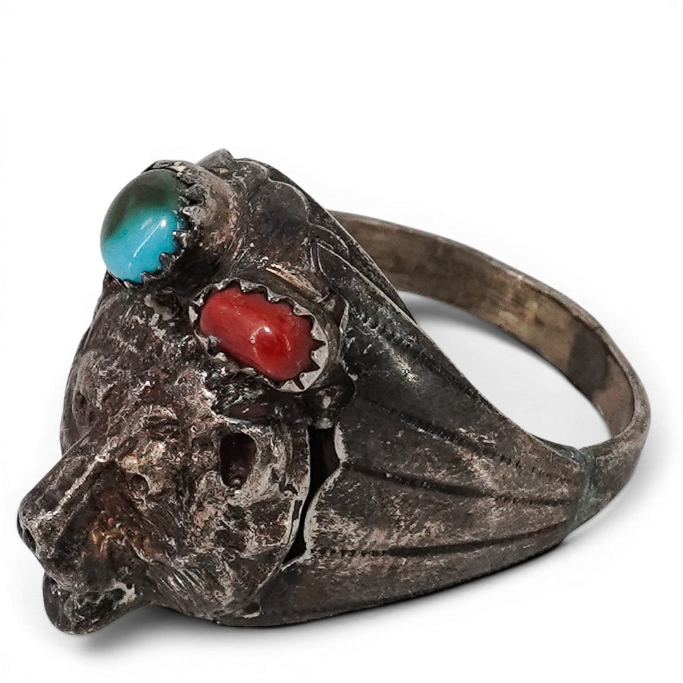 Vintage Danny Dale Navajo Sterling Silver Turquoise & Coral Bear Ring (1 of 7)