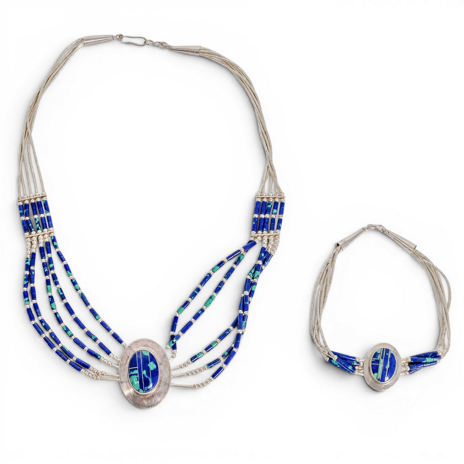 (2 Pcs) Vintage Navajo Sterling Silver & Azurite Malachite Inlay Jewelry Set: (2 Pcs) Vintage Navajo Sterling Silver & Azurite Malachite Inlay Jewelry Set 1970-1980s, USA Matching vintage Navajo sterling silver jewelry set comprising a multi-strand necklace and coordinating bra