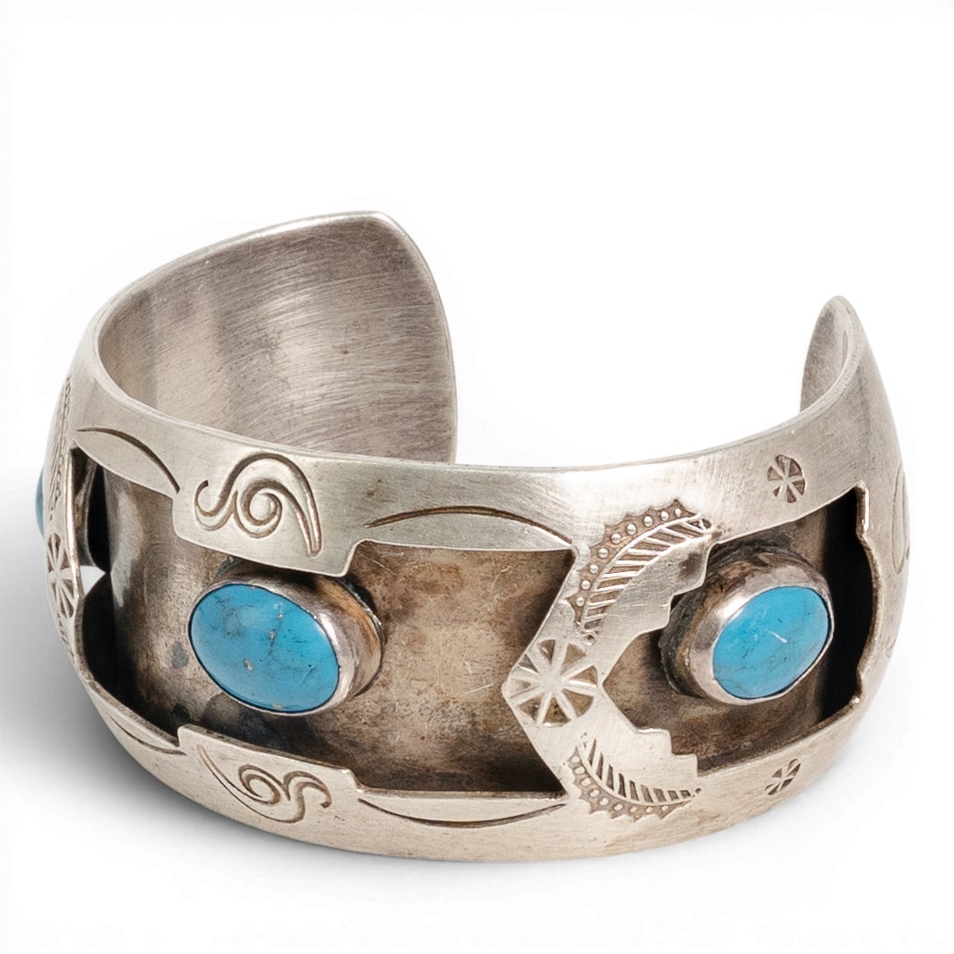 Vintage Mexican Sterling Silver & Turquoise Shadowbox Cuff Bracelet: Vintage Mexican Sterling Silver & Turquoise Shadowbox Cuff Bracelet 1970-1980s, Mexican Vintage Mexican sterling silver cuff bracelet executed in a dramatic shadowbox form with three bezel-set turquoi