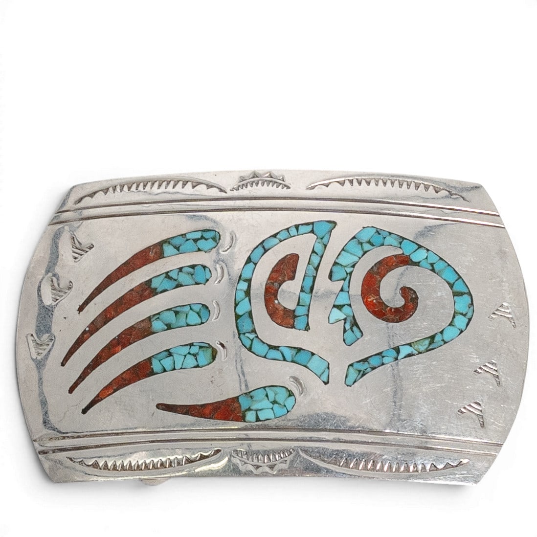 Vintage Joleen Yazzie Navajo Sterling Silver Turquoise & Coral Inlay Belt Buckle: Vintage Joleen Yazzie Navajo Sterling Silver Turquoise & Coral Inlay Belt Buckle 1970-1980s, USA Vintage sterling silver belt buckle by Navajo artist Joleen Yazzie, featuring an intricate bear claw in