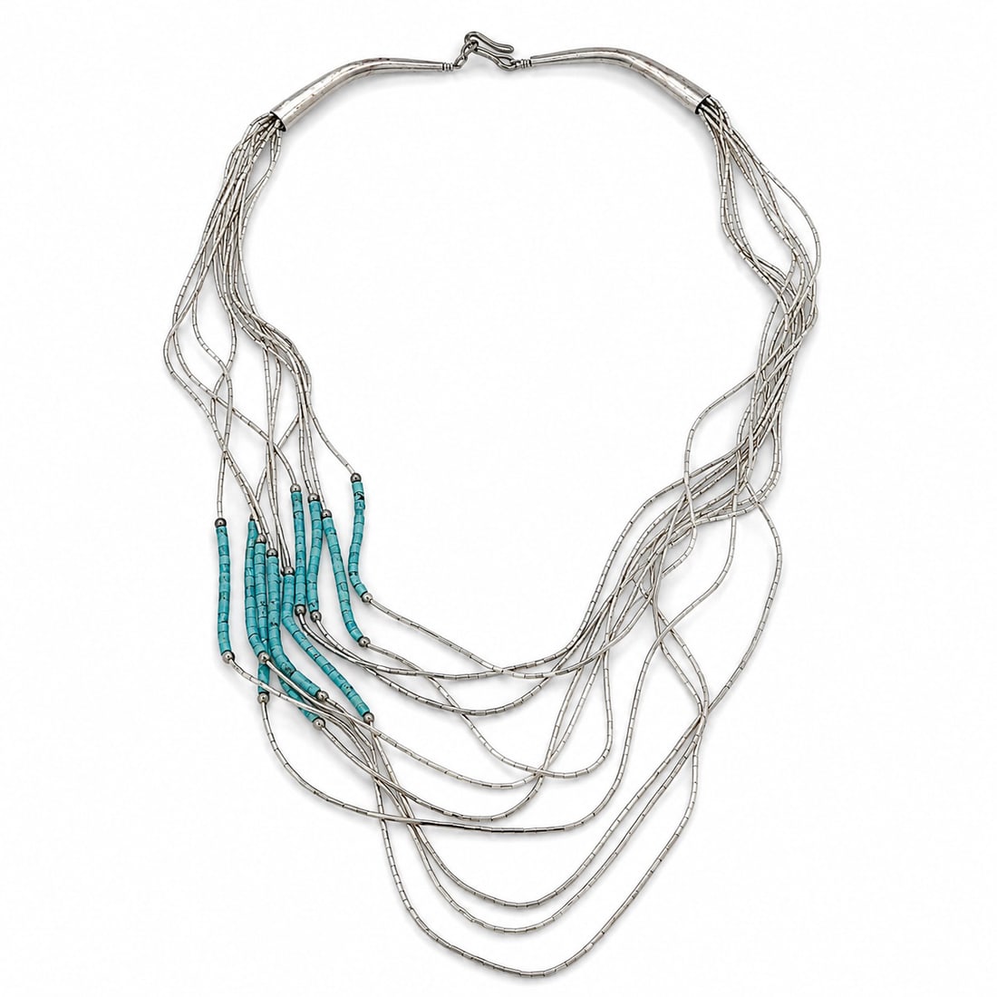 Vintage Navajo Sterling Silver & Turquoise Liquid Silver Necklace: Vintage Navajo Sterling Silver & Turquoise Liquid Silver Necklace 1970-1980s, USA Vintage multi-strand liquid silver necklace composed of numerous strands of sterling silver heishi tube beads accented