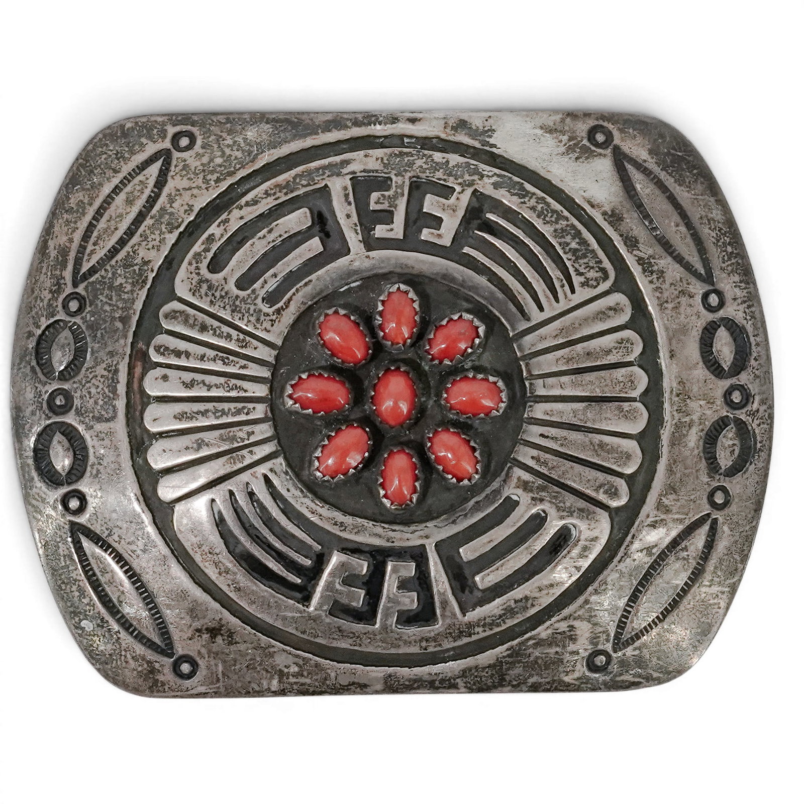 Vintage Rosco Scott Navajo Sterling Silver & Coral Cluster Belt Buckle: Vintage Rosco Scott Navajo Sterling Silver & Coral Cluster Belt Buckle 1970-1980s, USA Vintage sterling silver belt buckle featuring a central cluster of nine coral cabochons in sawtooth bezels arrang