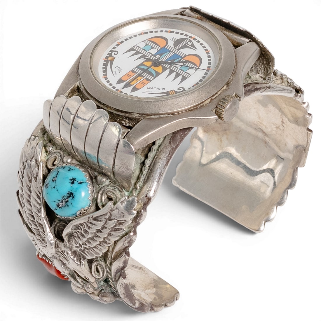 Vintage Sterling Silver Turquoise Watch Cuff Bracelet with Ethnic Apache Dial Signed (1 of 7)