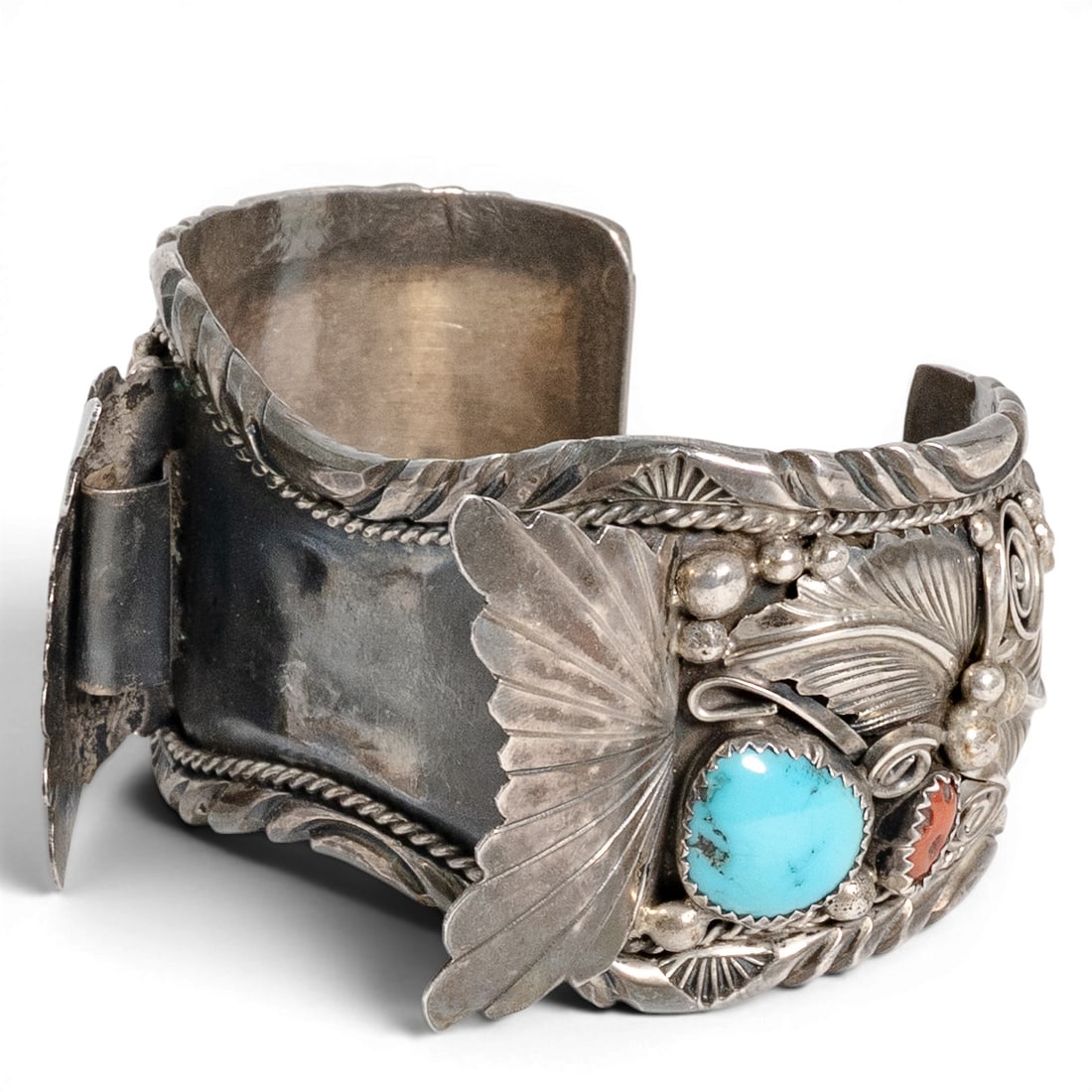 Vintage M. Thomas Jr Sterling Silver Turquoise & Coral Watch Cuff Bracelet (1 of 5)