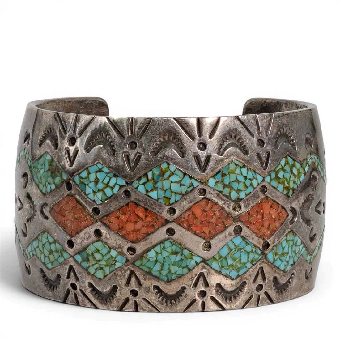 Vintage Chris Charley Navajo Sterling Silver Turquoise & Coral Chip Inlay Cuff Bracelet: Vintage Chris Charley Navajo Sterling Silver Turquoise & Coral Chip Inlay Cuff Bracelet 1970-1980s, USA Vintage Navajo sterling silver cuff bracelet by Chris Charley, featuring an impressive wide-form