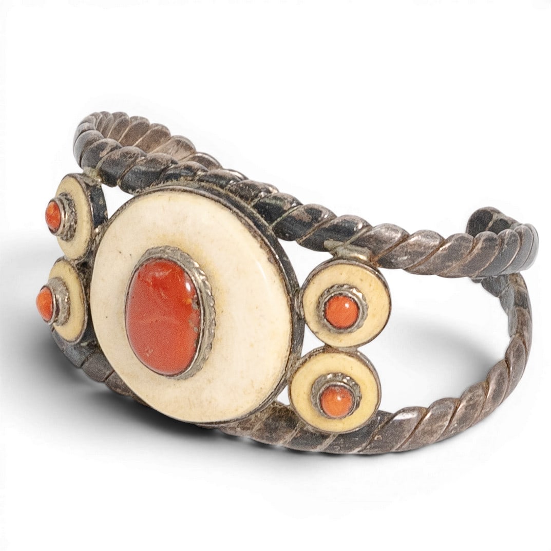 Vintage Tibetan Style Sterling Silver Coral & Bone Cuff Bracelet (1 of 4)