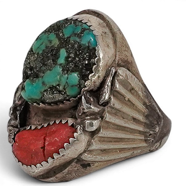 Vintage Navajo Sterling Silver Turquoise & Coral Ring: Vintage Navajo Sterling Silver Turquoise & Coral Ring 1970-1980s, USA Vintage Navajo sterling silver ring featuring a large oval turquoise matrix cabochon and an oval coral cabochon in serrated bezel 