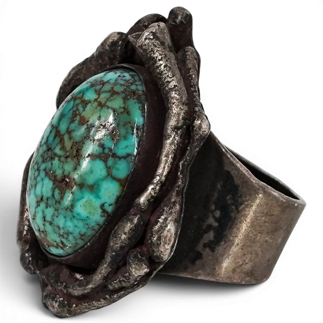 Vintage Edward Platero Navajo Sterling Silver & Matrix Turquoise Brutalist Ring: Vintage Edward Platero Navajo Sterling Silver & Matrix Turquoise Brutalist Ring 1970-1980s, USA Vintage Navajo sterling silver ring by Edward Platero, featuring a large oval matrix turquoise cabochon 