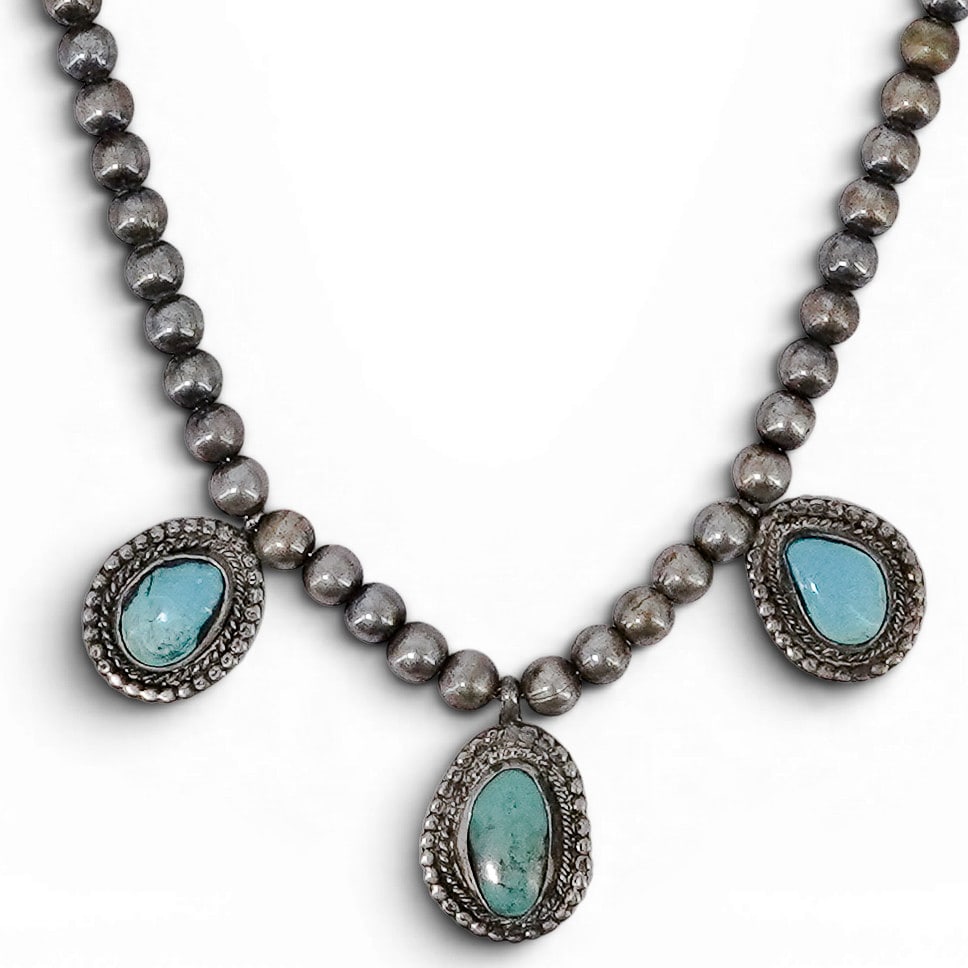 Vintage Navajo Sterling Silver & Turquoise Bead Pendant Necklace (1 of 7)