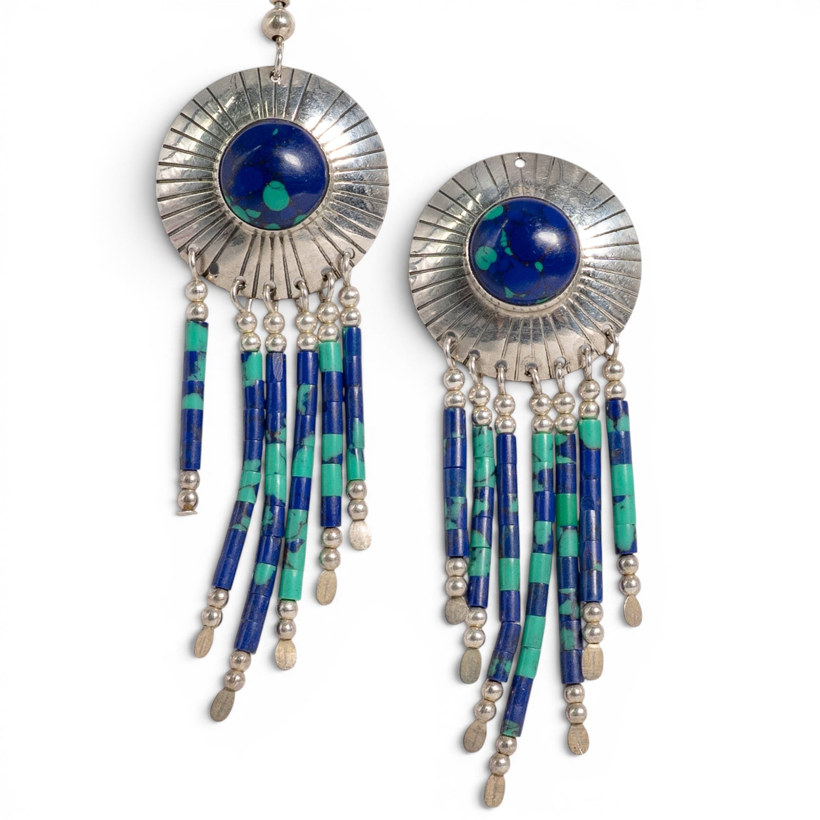 Vintage T.K. Emerson Navajo Sterling Silver Lapis & Turquoise Beaded Earrings: Vintage T.K. Emerson Navajo Sterling Silver Lapis & Turquoise Beaded Earrings 1970-1980s, USA Vintage Navajo sterling silver beaded dangle earrings by T.K. Emerson with stamped concho tops, lapis and 
