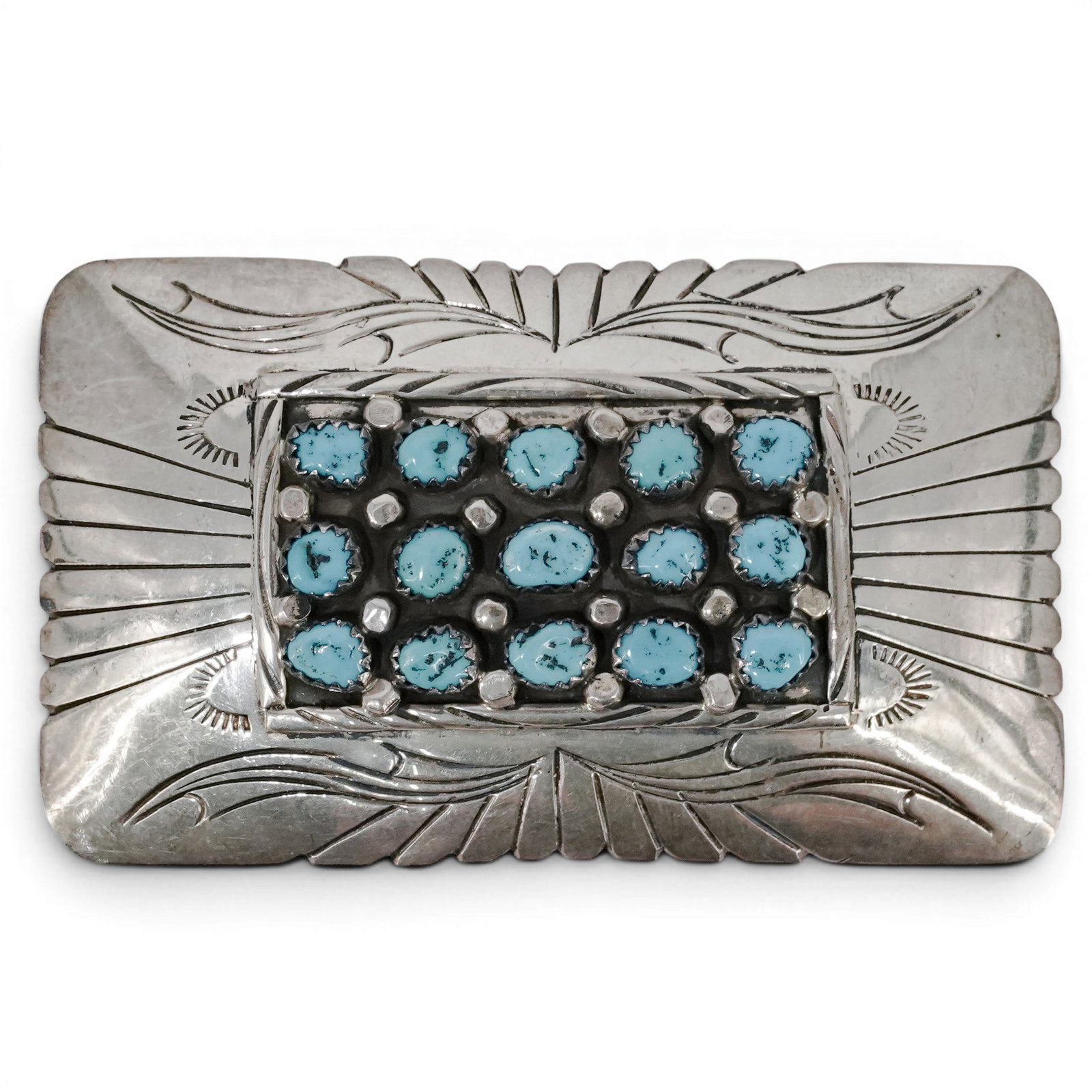 Vintage Navajo Sterling Silver & Turquoise Cluster Belt Buckle Signed: Vintage Navajo Sterling Silver & Turquoise Cluster Belt Buckle Signed 1970-1980s, USA Vintage sterling silver belt buckle featuring a rectangular cluster of fifteen turquoise cabochons set within a sh