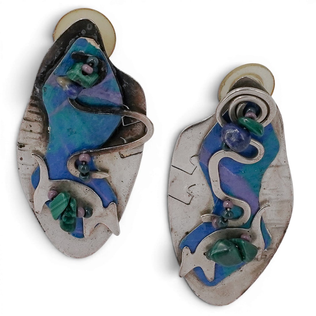 Vintage Navajo Sterling Silver Enamel & Multi-Stone Earrings (1 of 3)