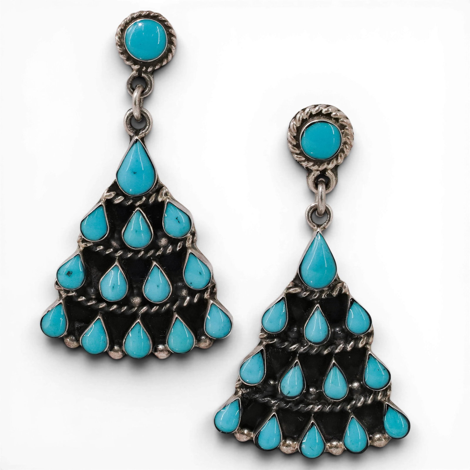 Bernice Goodspeed Taxco Sterling Silver & Turquoise Dangle Earrings: Bernice Goodspeed Taxco Sterling Silver & Turquoise Dangle Earrings 1970-1980s, Mexican Vintage Taxco sterling silver dangle earrings by Bernice Goodspeed featuring triangular cluster arrangements of 