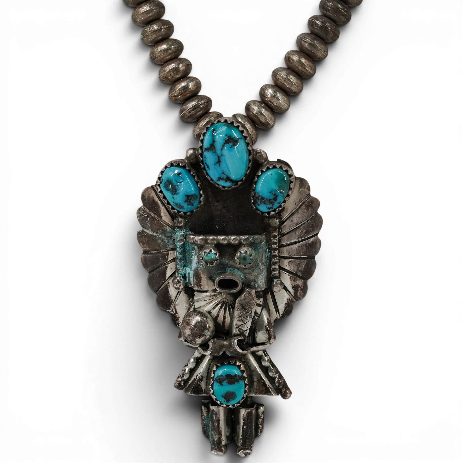 Vintage D. Singer Navajo Sterling Silver & Turquoise Kachina Pendant Necklace (1 of 17)
