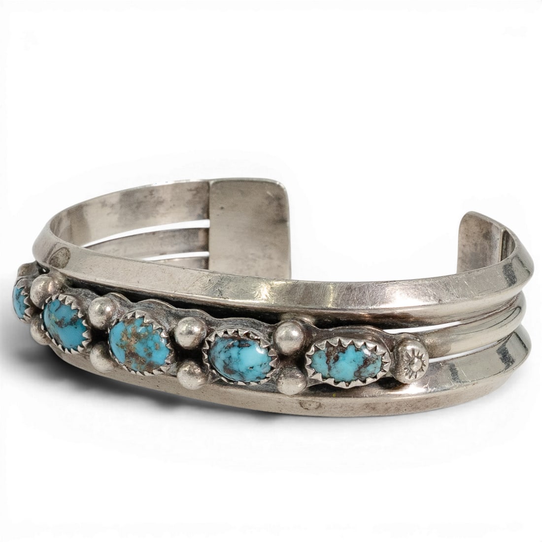 Vintage Navajo Sterling Silver & Turquoise Ball Bead Cuff Bracelet: Vintage Navajo Sterling Silver & Turquoise Ball Bead Cuff Bracelet 1970-1980s, USA Vintage Navajo sterling silver cuff bracelet featuring a vertical row of five natural turquoise cabochons set in serr